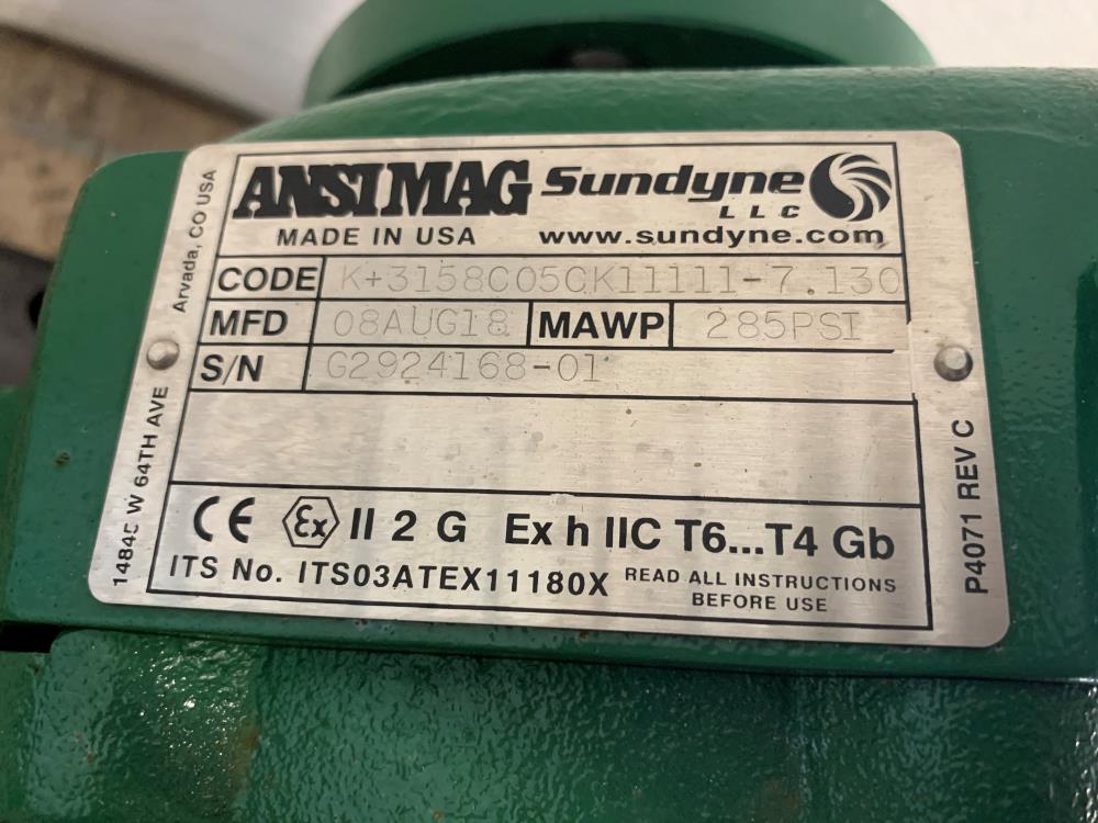 ANSIMAG Sundyne 1.5" x 3" Lined CS Magetic Drive Pump K+3158C05CK11111-7.130